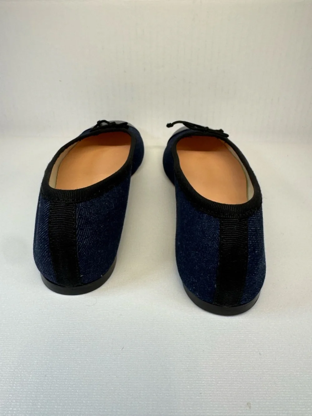 J.Crew Denim Ballet Flats Black Leather Cap Toe Bow Shoes Women's Size 9